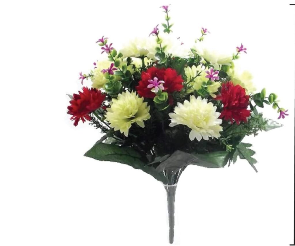 Product - Mixed flower bush bunch Colour- Red/ivory mixed bunch Material- Plastic, Polyester, Silk Product dimensions- D40cm x W40cm x H40cm